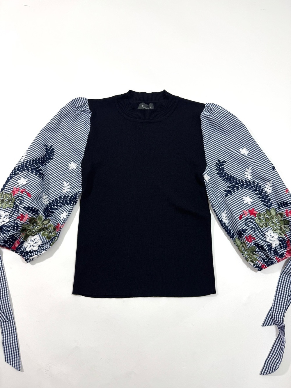 Gracia Black Knit Top Blue Gingham Embroidered